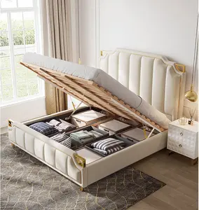 เตียงควีนไซส์หรูหรา,เตียงขนาดคิงไซส์ทำจากผ้าฝ้ายชุดห้องนอนบ้านทันสมัยเฟอร์นิเจอร์เตียงไม้เก็บของ