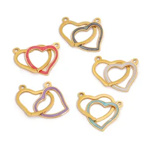 5pcs Stainless Steel Enamel Double Heart Love Charm Connector for Bracelet Necklace Hollow Pendants Diy Jewelry Making Supplies