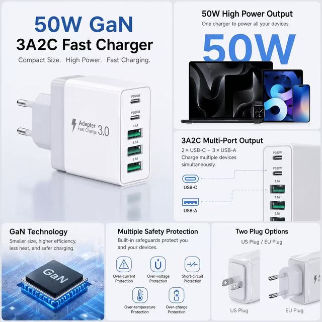 HNT 50W  Fast Charger 3A2C Multi USB Port PD Power Adapter  CE FCC RoHS Certified Wall Charger for iPhone 17 16 15 14 Pro Max