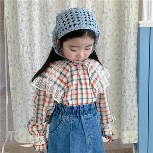 2023 봄 한국어 디자인 격자 무늬 프릴 블라우스 아기 소녀 공주 셔츠 의류 캐주얼 복장 B012