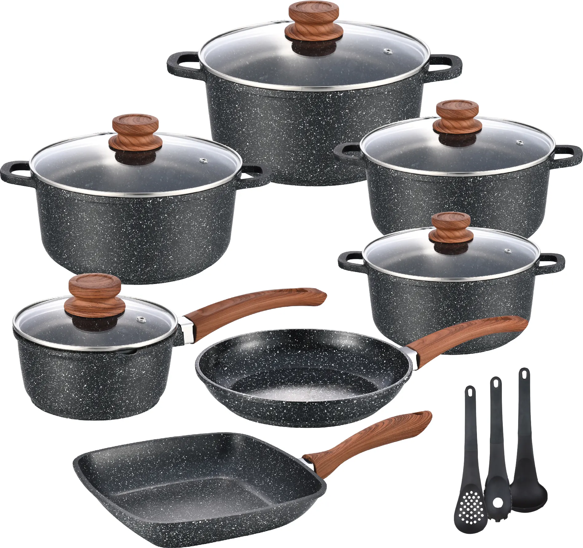 15 Pcs Cookware Set Pots Non Stick Kitchen Camping Cookware Sets Cooking Pot Wood Grain Handle Aluminium Pot With Lid