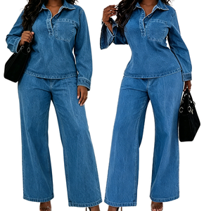 Nouvel ensemble en <span class=keywords><strong>jean</strong></span> 2 pièces pour femme 2026 : Blouse en <span class=keywords><strong>jean</strong></span> à manches longues et pantalon large taille haute – Tenue décontractée et tendance - Product Image 1