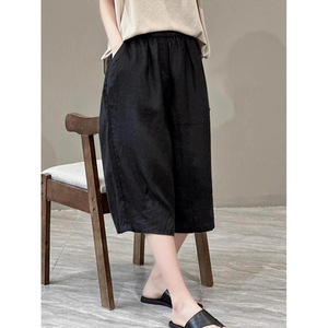Wide Leg Pants Women Cotton Linen Summer Cropped Casual Pants Mid Waist Breathable Ginger Yellow Gray Black Khaki NX245 - Product Image 4