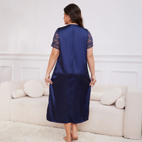 Camisón de satén bordado con cuello en V para mujer, talla grande, liso, suave, sexy, transpirable, sencillo, de manga corta, holgado, para dormir en casa, de verano