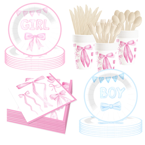 DAMAI Nuevo Juego de Vajilla Desechable Personalizado con Temática de Baby Shower, Platos de Papel para Postre y Cena, Vasos, Servilletas, con Lazo Rosa - Product Image 2