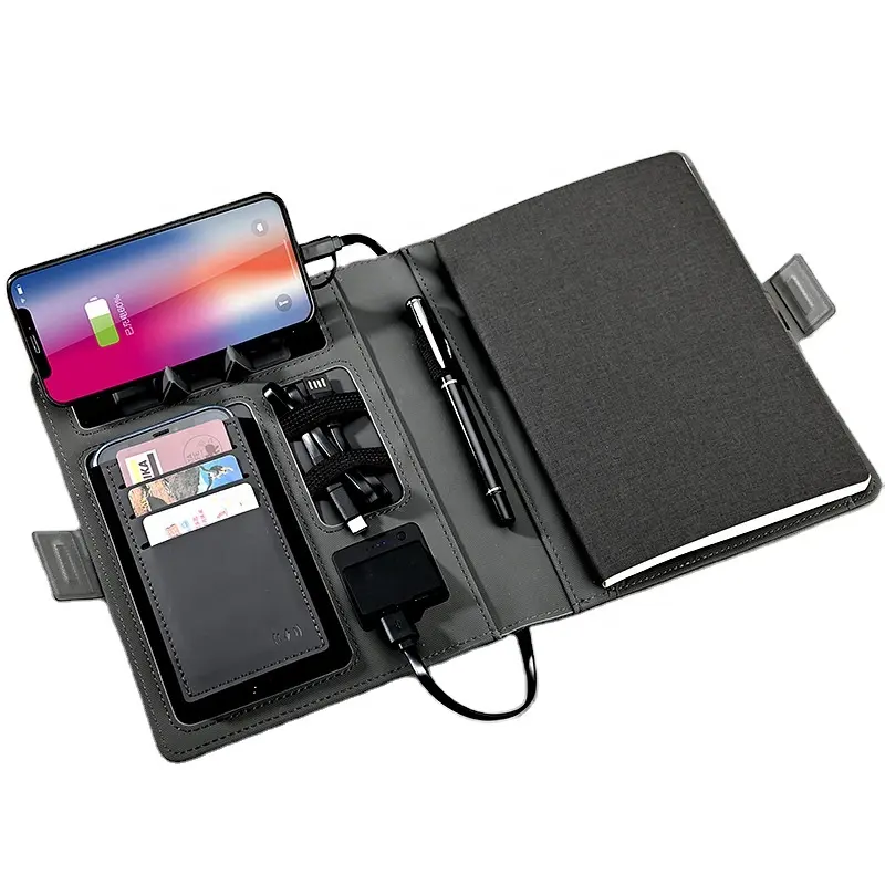 Multifunctional Notebook Wireless Charging Powerbank Note Book Fabric Leather Agenda Smart Business Gift Notebooks