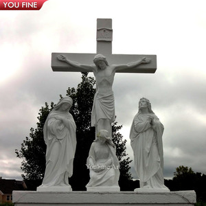 Escultura Religiosa de Calvario de Jesús Crucificado en la Cruz, Tallada a Mano en Mármol Blanco Natural para Exteriores - Product Image 4