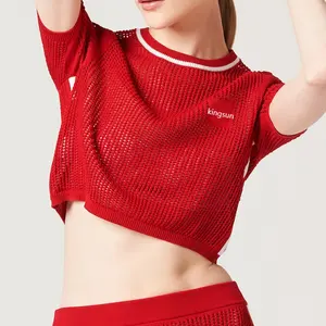 Kingsun Clothing OEM ODM custom embroidery logo knit pullovers round neck red knit cotton shirt women crop top knitwear