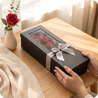 Boîte à fleurs pliable rectangulaire rigide personnalisée avec couvercle à fenêtre transparente, porte-cartes, ruban en satin, emballage en papier pour bouquet de roses