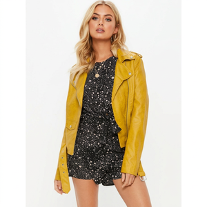Yellow Real Leather Biker Jacket Classic Notch Lapel <b>Belted</b> Waist Asymmetric Zip Fashionable Ladies Outerwear Leather Jackets - Product Image 6