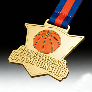 Medalla de Estrella del Campeonato de Baloncesto - Metal Dorado con Balón de Baloncesto Naranja Vibrante en Relieve, Ideal para Torneos Escolares y de Clubes - Product Image 1