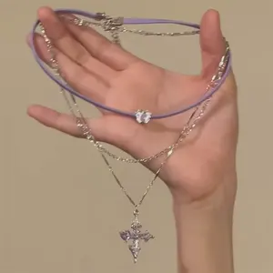 Nuova Collana da Donna alla Moda con <span class=keywords><strong>Croce</strong></span> a Doppio Strato in Zircone <span class=keywords><strong>Viola</strong></span>, Accessori di Gioielleria - Product Image 4