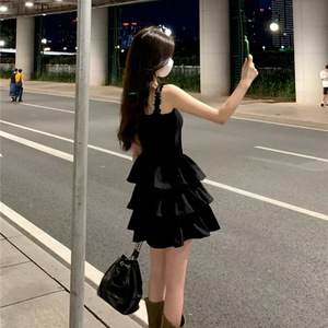 French Style Black Slip Dress Off Shoulder Ruffles Waist Cinching Princess Puffy Skirt Summer 2026 Daily Wear - Product Image 4
