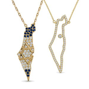 Ciondolo Gemnel Mappa della Terra d'Israele con Diamanti e Zaffiri, Collana con Pendente Placcato Oro 14K, Design con Zirconia Blu e Charm Stella di David - Product Image 1