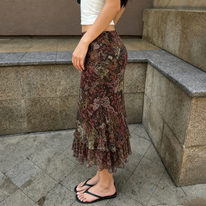 Falda Larga con Estampado Étnico Vintage para Mujer, Tejida, Elástica, Fruncida, Transpirable, Estilo Boho, para Vacaciones - Product Image 5