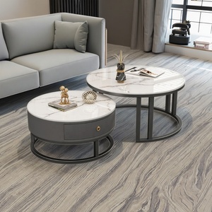 Modern Living Room Round Stone <strong>Coffee</strong> <strong>Table</strong> <strong>Set</strong> with Golden Metal Frame and White <strong>Nesting</strong> Design - Product Image 4