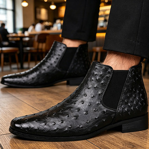 Botas Chelsea Dreamy Stark para Hombre, con Estampado de Avestruz, Punta en Pico, de Cuero Genuino, Estilo Slip-On, para Otoño, Formales, a la Moda - Product Image 1