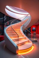 L'élément ultime pour le hall d'entrée : Escalier courbé sur mesure avec éclairage intégré et finitions métalliques raffinées