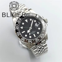 BLIGER 40mm NH34 GMT Montre Homme avec Lunette en Céramique Gris Noir Verre Saphir Vert GMT Aiguilles & Bracelet Jubilé
