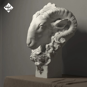 Sculpture de tête de chèvre en marbre à relief floral, tête de mouton sculptée en <span class=keywords><strong>pierre</strong></span> naturelle, art mural pour l'intérieur et l'extérieur, jardin - Product Image 3
