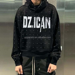 Sweat-shirt en molleton français surdimensionné personnalisable, Hoodie court imprimé, Fabricant de hoodies, Hoodie noir délavé à l'acide avec strass - Product Image 1
