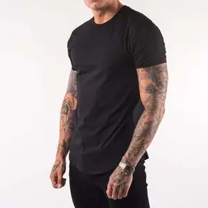 Kavisli hem ekip boyun yüksek kalite erkek kas slim fit t gömlek kollu özel logo boş t-shirt erkekler için 100% pamuk