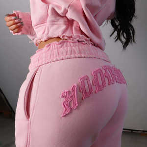 刺Embroideryウォッシュドクロップドスポーツストリートウェアカスタムロゴジップアップツー2ピーススウェットパンツとパーカーセットジョガートラックスーツレディース - Product Image 1