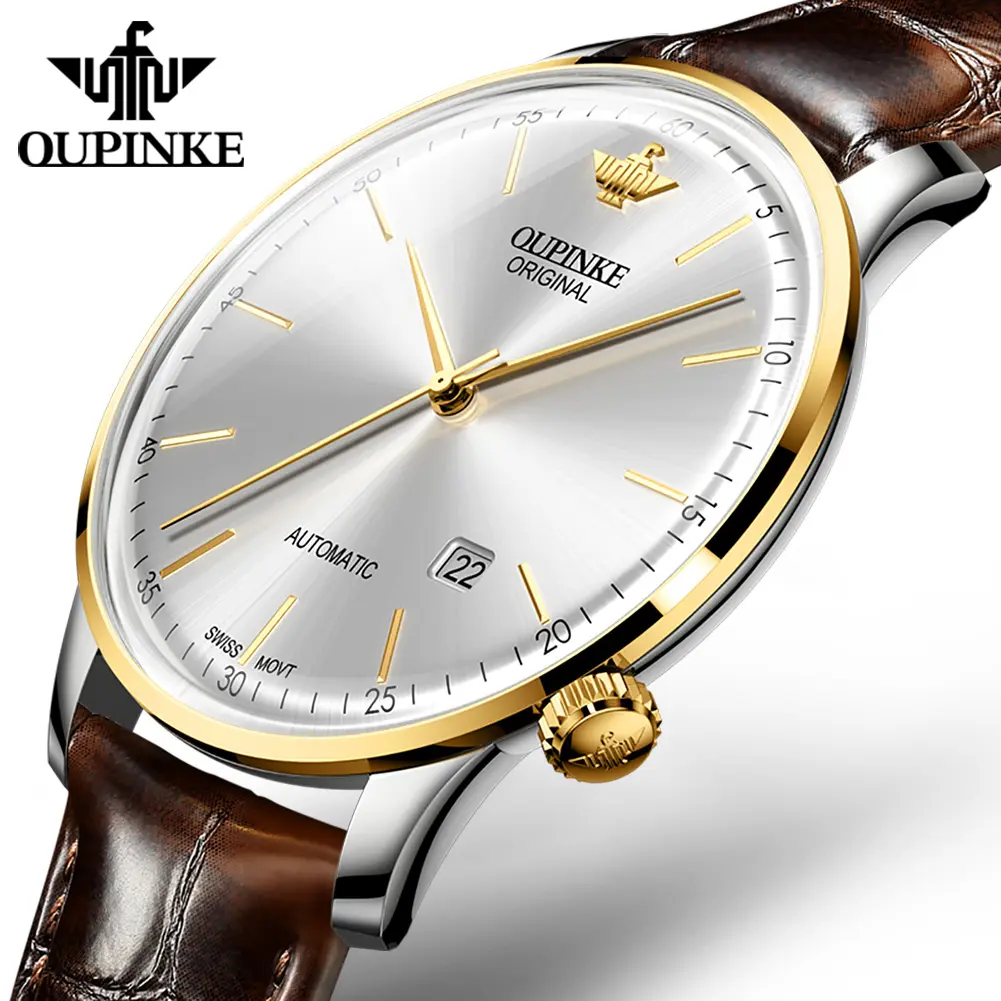 Oupinke 3269 Original Luxury Ultra Thin Watch Men Automatic Mechanical Slim with Date Brand Relogio Masculino Leather Wristwatch