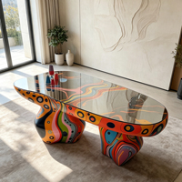 Table basse abstraite en verre irrégulier avec graffiti, structure en fibre de verre, base double sculptée pour espace de vie Pop Art