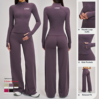 Ensemble de yoga pour femmes OEM à manches longues, pantalon large taille haute, ensemble de sport séchage rapide, respirant et extensible