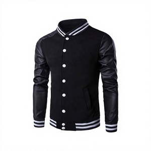 Striped-Design OEM Manufacturer Fashion Wear Black Leather Sleeves New-Stylish Men <b>Fleeced</b> Baseball Slimmed-Fit Varsity's Jacket - Product Image 1