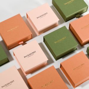 Packsecret biểu tượng tùy chỉnh in tông đồ trang sức Hộp Quà Tặng màu hồng trượt ngăn kéo màu xám bọt chèn hiển thị bao bì - Product Image 6