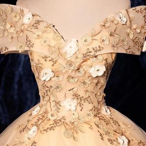 Off The Shoulder Ball Gown Champagne Sky Blue Floral Print Empire Waistline Long Dress For Banquet Stage Performance - Product Image 4