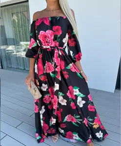European and American summer new seaside vacation style 0ff-shoulder printed long dress