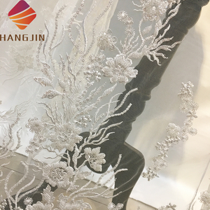 Sang trọng lưới ren váy vải hoa 3D hạt sequin thêu ren ngọc trai beading Trắng Ren Vải đám cưới - Product Image 4