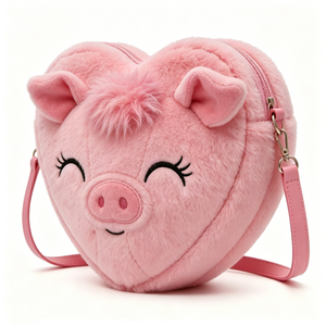 Customized <b>Pink</b> Plush Pig Heart Crossbody Bag,Fuzzy <b>Purse</b> with Embroidered Pig Face, Adjustable Strap and Heart Shape - Product Image 4