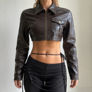 Lapel <b>Zipper</b> Short PU Jacket Pocket Detail Waist Revealing Slim Fit American Vintage Biker Hot Girl High Waist Crop Jacket - Product Image 1