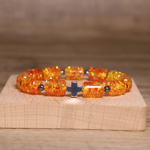 Bracelet élastique en hématite, croix et perles d'<span class=keywords><strong>ambre</strong></span>, bijou énergétique de guérison pour femmes et hommes, idéal pour le quotidien et comme cadeau. - Product Image 2