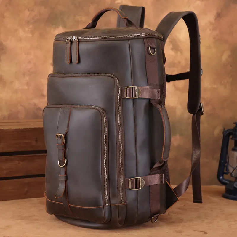 حقيبة ظهر فاخرة من الجلد المحمول عليها شعار مخصص تصميم أسطواني للرجال حقائب ظهر من الجلد الأصلي للسفر
