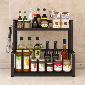 Estante de Especias de Dos Niveles para Cocina con Abrazaderas Metálicas de 35 cm, Organizador de Condimentos Multiusos de Madera de Nogal Negro - Product Image 4