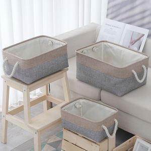 Linen Splicing Rectangular Basket Toys Book Stylish Foldable Organizer <b>Storage</b> <b>Box</b> With Cotton Rope Leather Handle - Product Image 2