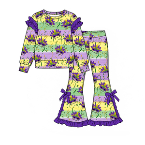 Pre-ordenar Conjunto de Ropa para Niñas Pequeñas de Mardi Gras: Camisa de Manga Larga, Pantalones Acampanados, Lazos, Volantes, Estampado, Conjuntos a Juego para Hermanas, Ropa de Moda Infantil - Product Image 4