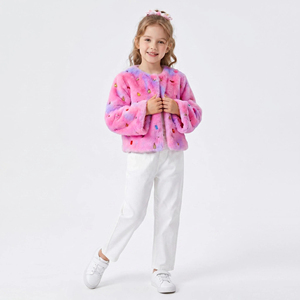 Veste en peluche tie-dye rose et bleue pour filles, hiver 2026, avec ornements 3D de dessins animés, col rond, coupe courte, pour les 3-14 ans - Product Image 1