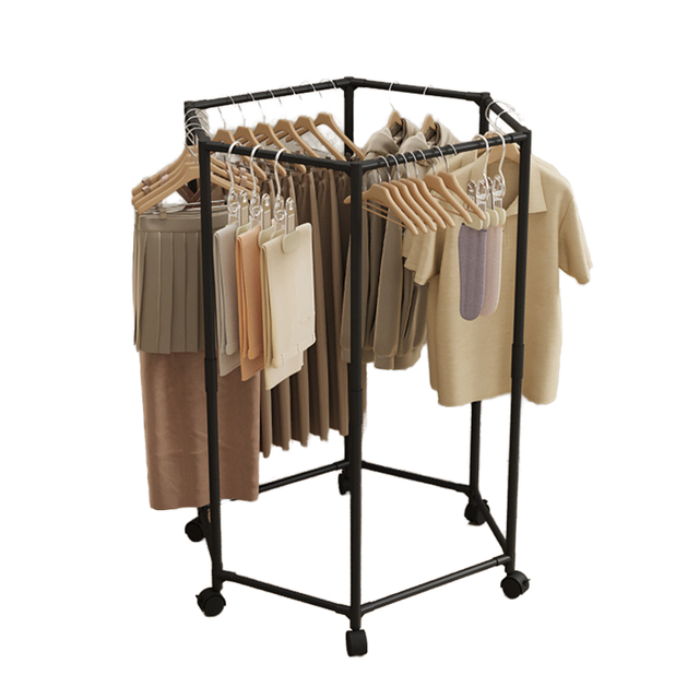 Movable Household Metal Floor Clothes Drying Rack with Wheels Single Tier Coat Hanging Organizer & Rotating Design for Balcony