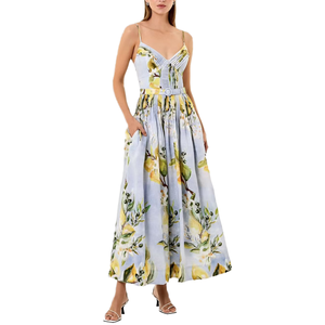 Boho stampa floreale con spalline sottili abito Midi da donna estate con scollo a V plissettato cintura sottile elegante impero Casual - Product Image 4