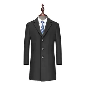 Blazer wol panjang untuk pria, mantel celah Tengah kerah datar tiga gesper, Blazer wol panjang warna hitam dengan kancing dua baris
