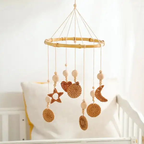 Eco-friendly Baby Crib Toy 2023 New Design Baby Bed Bell Natural Rattan Bed Bell Hanging Toy For Baby Crib