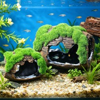 Caverne en forme de baril recouverte de mousse, décoration d'aquarium en résine en forme de rondin creux, cachette pour poissons Betta et crevettes