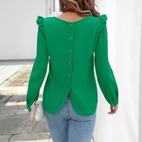 Blouse Femme Texturée Verte à Manches Longues avec Boutons au Dos et Volants pour l'Été – Idéale pour le Bureau