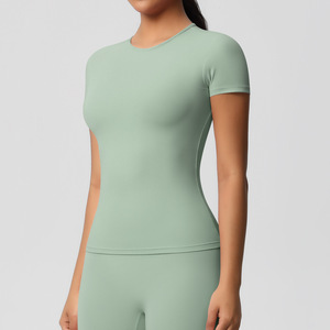 Camiseta Deportiva de Manga Corta para Mujer, Cuello Redondo, Color Sólido, para Yoga y Fitness - Product Image 1